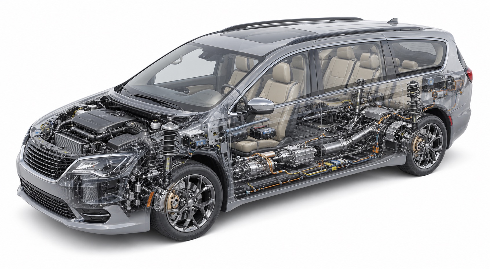 Techniczny przekroj Chrysler z zawieszeniem i elektronika