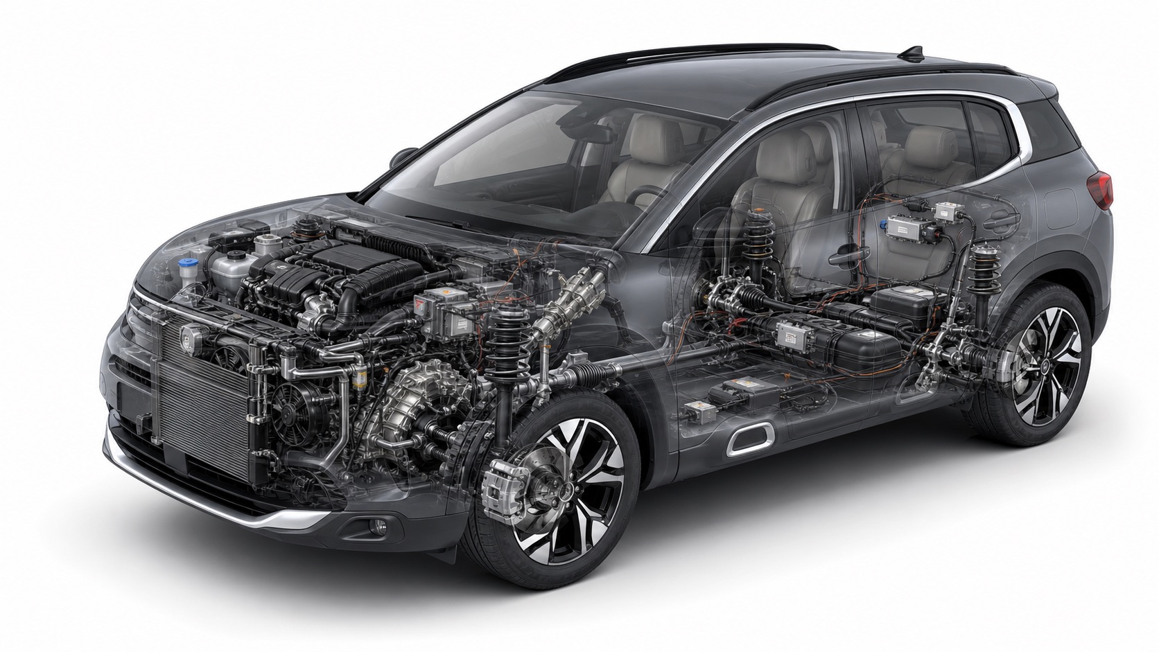 Techniczny przekrój samochodu Citroen z widocznymi układami mechanicznymi