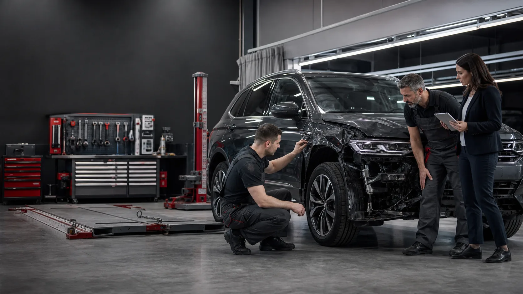 Oględziny uszkodzonego samochodu w serwisie napraw powypadkowych Viggen Auto