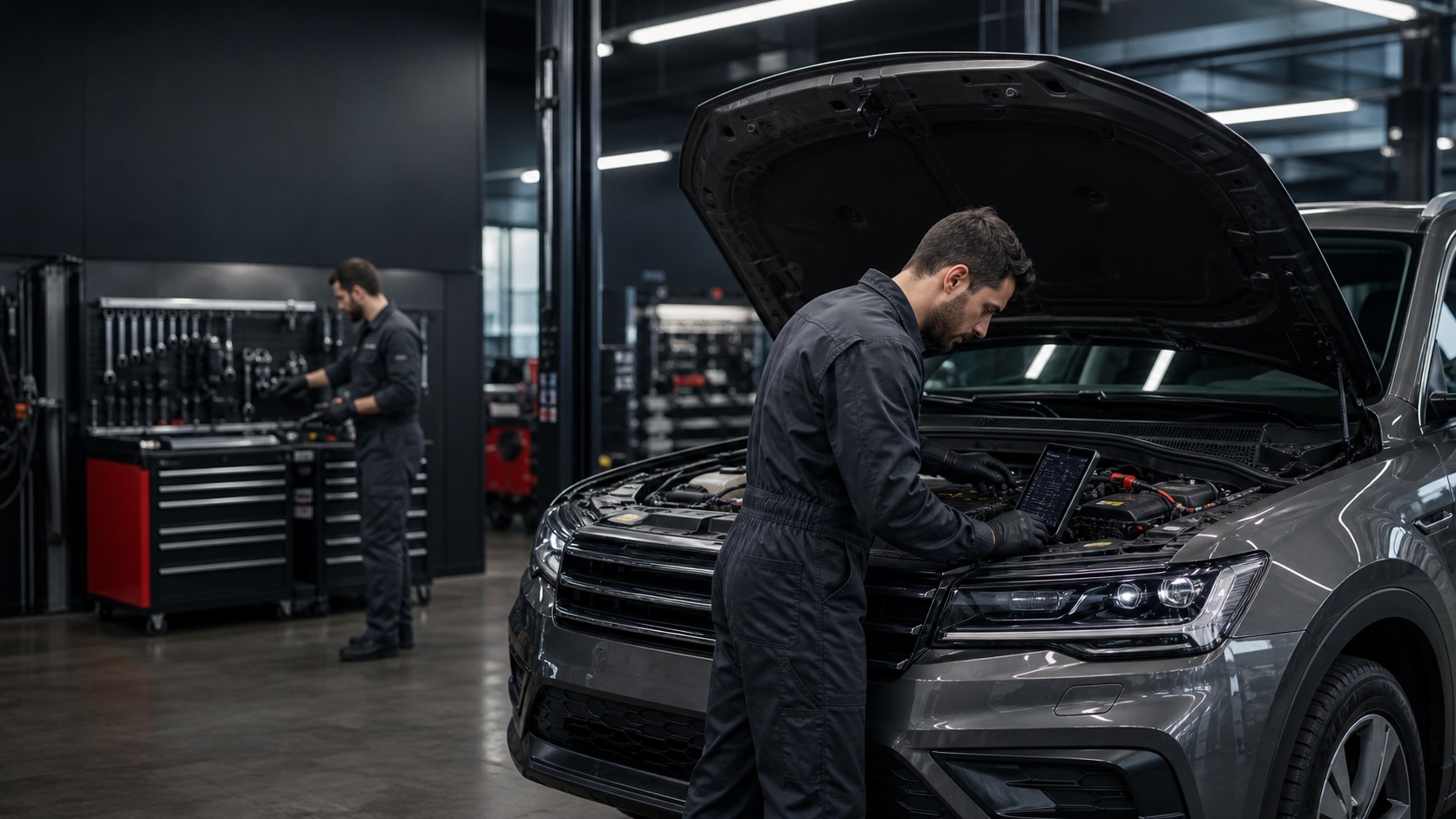 Mechanik diagnozujący silnik samochodu w nowoczesnym warsztacie Viggen Auto