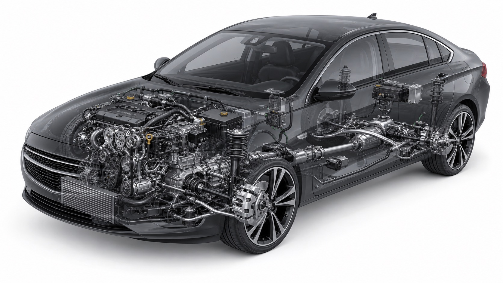 Techniczny przekrój samochodu Opel z widocznymi układami mechanicznymi