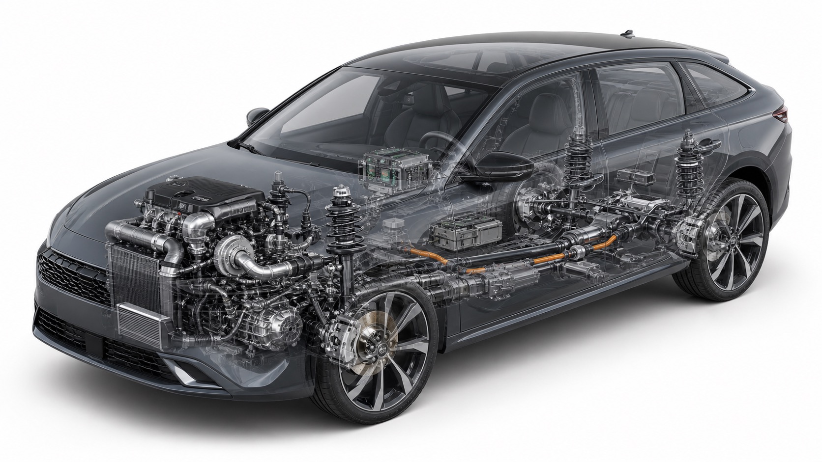 Techniczny przekrój samochodu Peugeot z widocznymi układami mechanicznymi