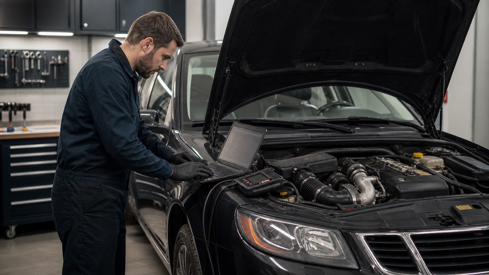 Mechanik wykonujący diagnostykę komputerową samochodu Saab