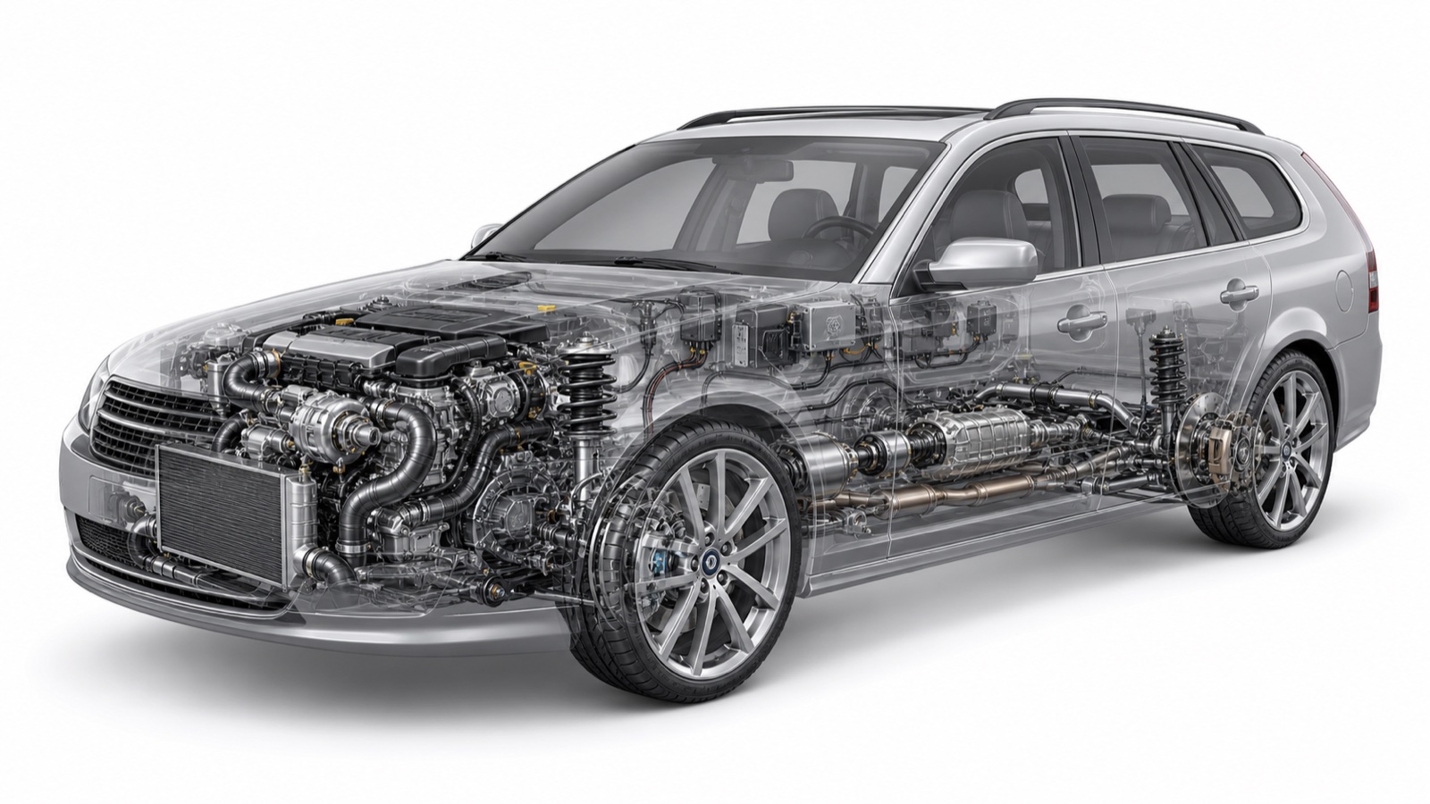 Techniczny przekrój samochodu Saab z silnikiem turbo i układami mechanicznymi