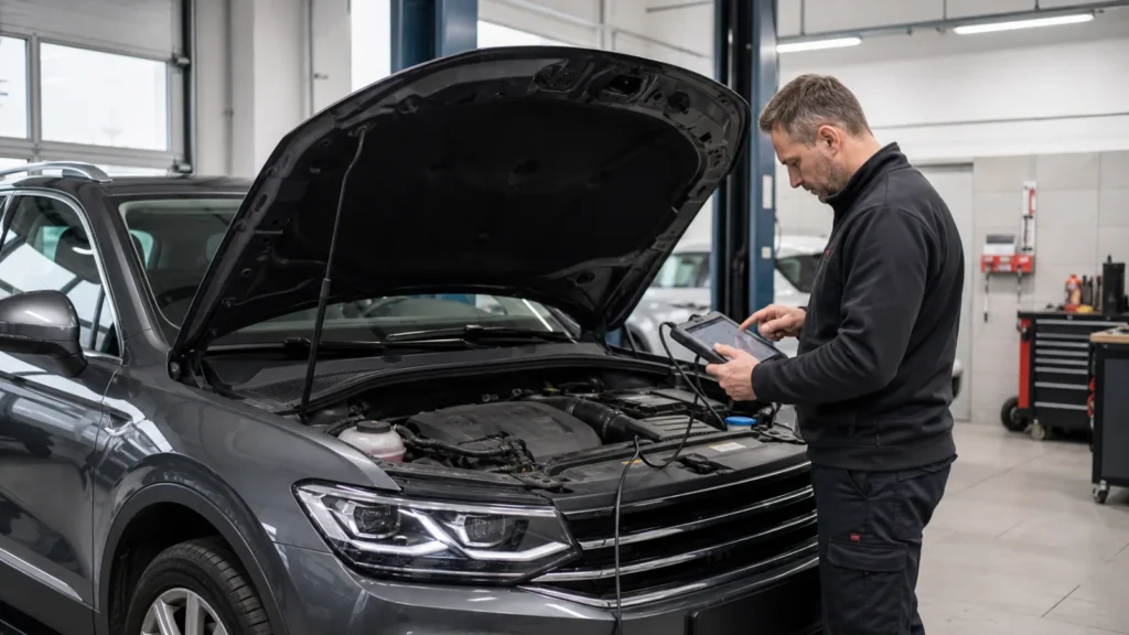 Mechanik diagnozuje samochód testerem komputerowym w jasnym warsztacie