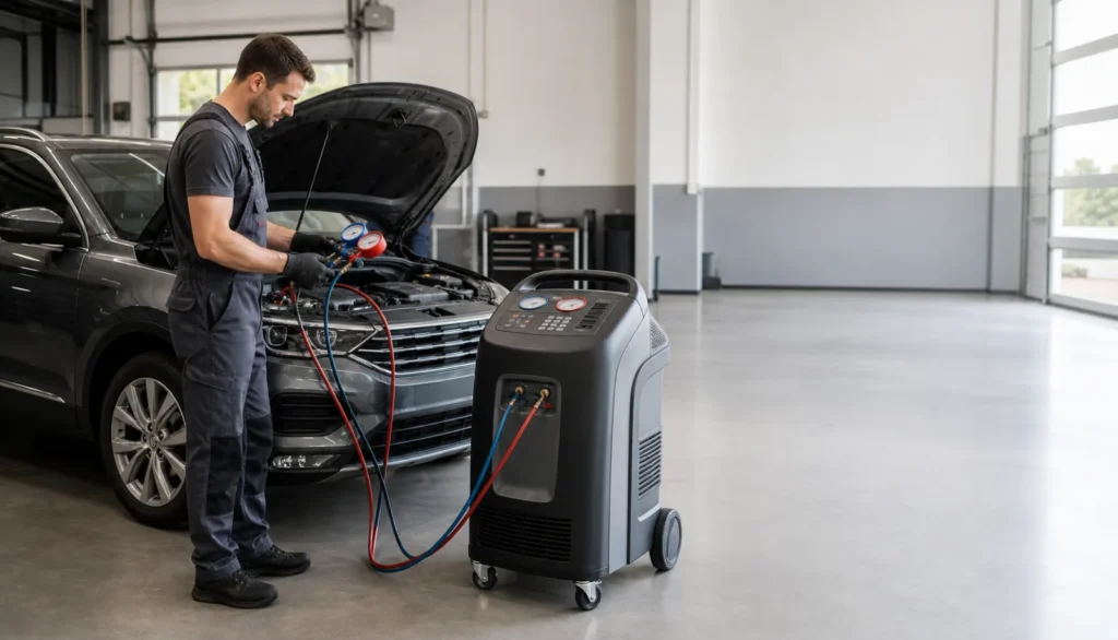 Mechanik diagnozuje klimatyzację samochodową w nowoczesnym serwisie