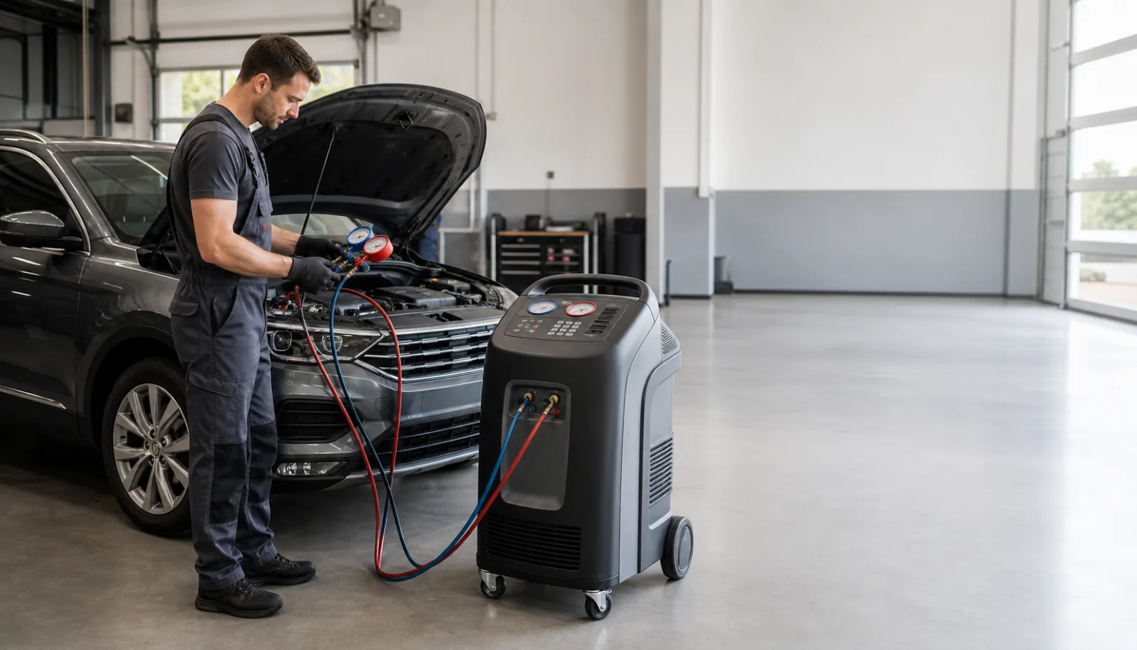 Mechanik diagnozuje klimatyzację samochodową w nowoczesnym serwisie