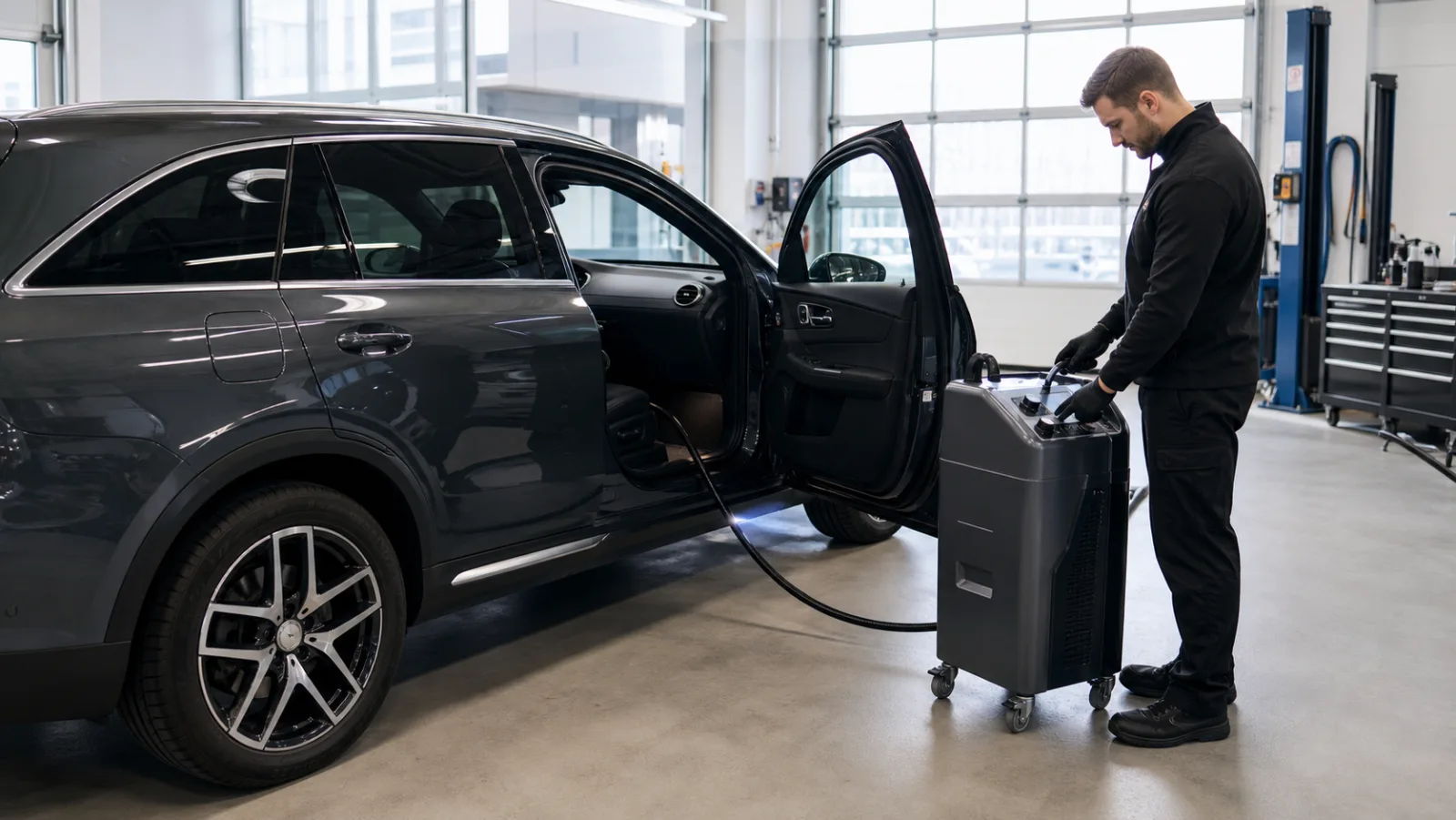 Mechanik wykonuje ozonowanie wnętrza samochodu w jasnym serwisie