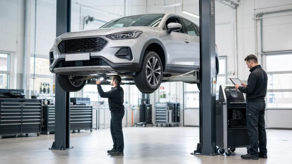 Mechanicy wykonują przegląd okresowy samochodu na podnośniku