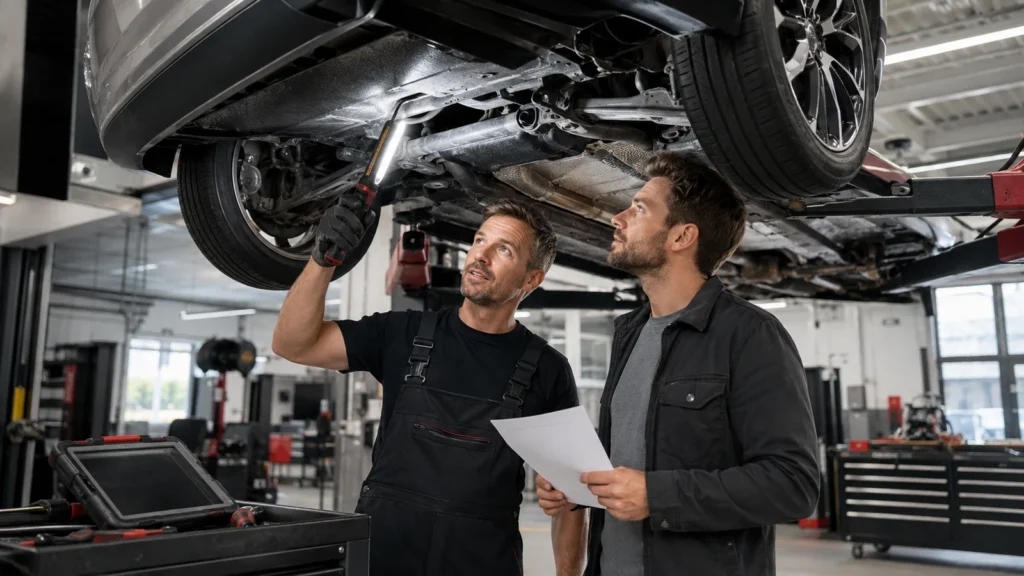 Mechanik i kupujący oglądają używany samochód na podnośniku
