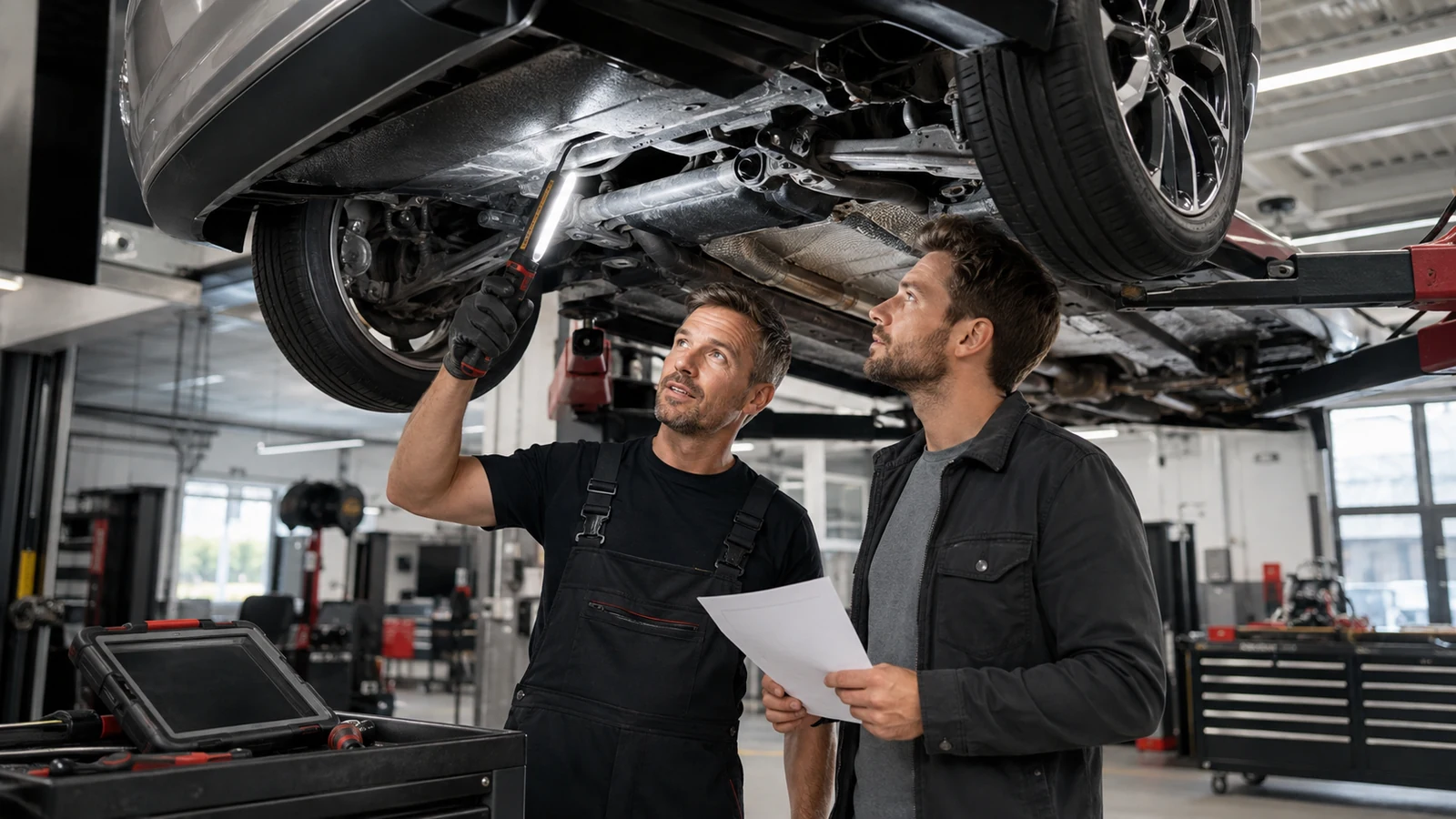 Mechanik i kupujący oglądają używany samochód na podnośniku