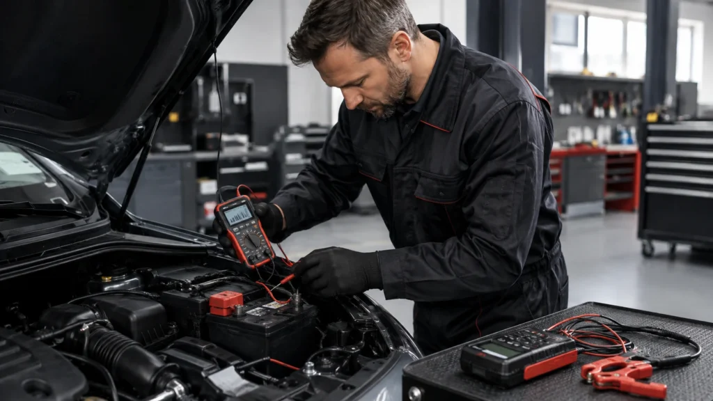 Mechanik mierzy napięcie akumulatora w samochodzie, który nie odpala