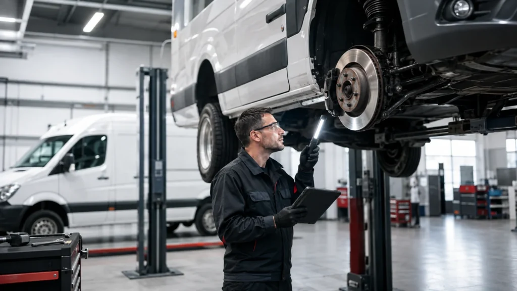 Mechanik wykonuje przegląd samochodu dostawczego na podnośniku