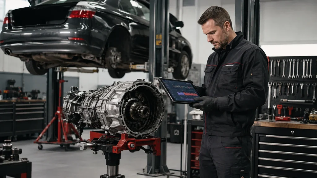 Mechanik diagnozuje skrzynię biegów samochodu w warsztacie