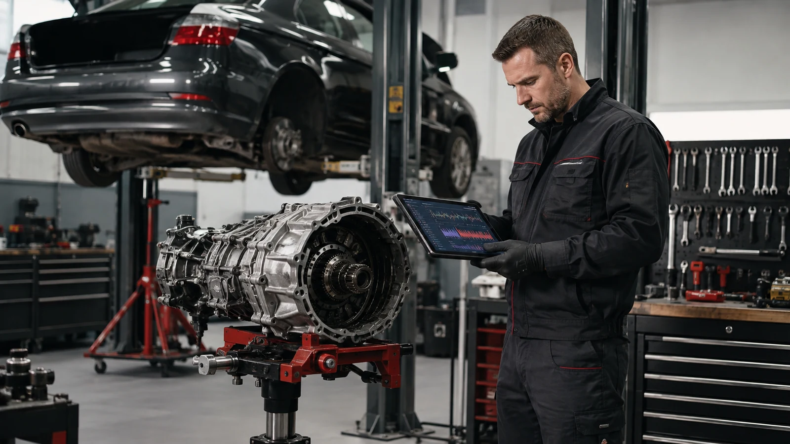 Mechanik diagnozuje skrzynię biegów samochodu w warsztacie