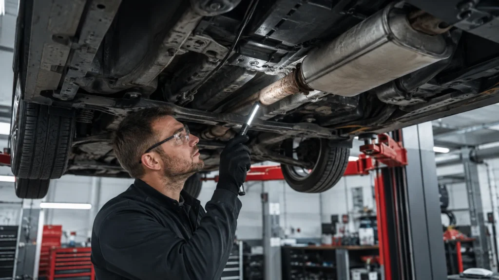 Mechanik sprawdza tłumik i rury układu wydechowego na podnośniku