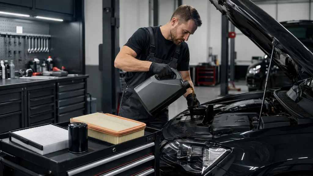 Mechanik wlewa właściwy olej do silnika podczas przeglądu