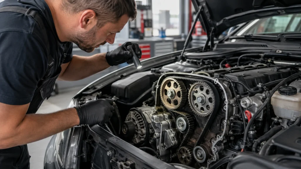 Mechanik kontroluje pasek i koła rozrządu w silniku samochodu