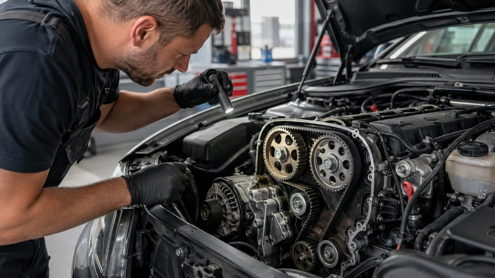 Mechanik kontroluje pasek i koła rozrządu w silniku samochodu