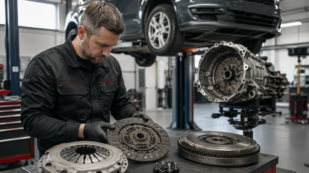 Mechanik kontroluje sprzęgło i koło dwumasowe po demontażu skrzyni