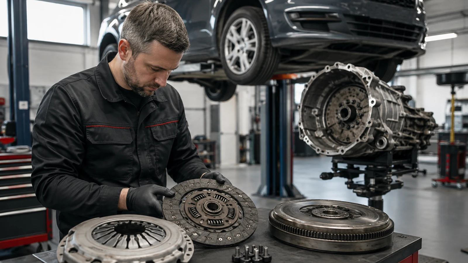 Mechanik kontroluje sprzęgło i koło dwumasowe po demontażu skrzyni