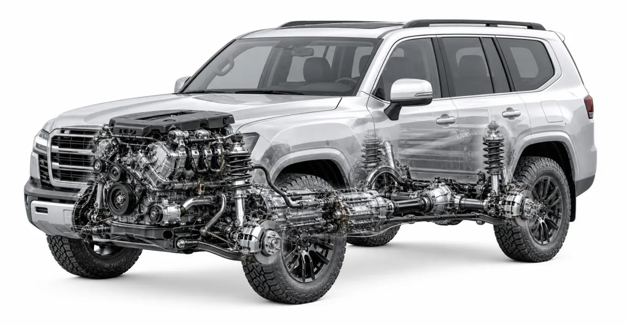 SUV Jeep z widocznymi elementami mechanicznymi