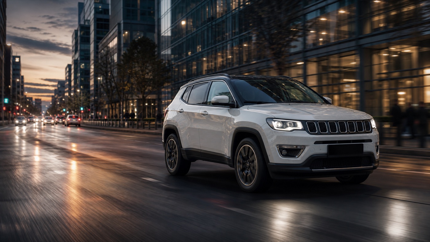 Jeep Compass w ruchu na miejskiej ulicy