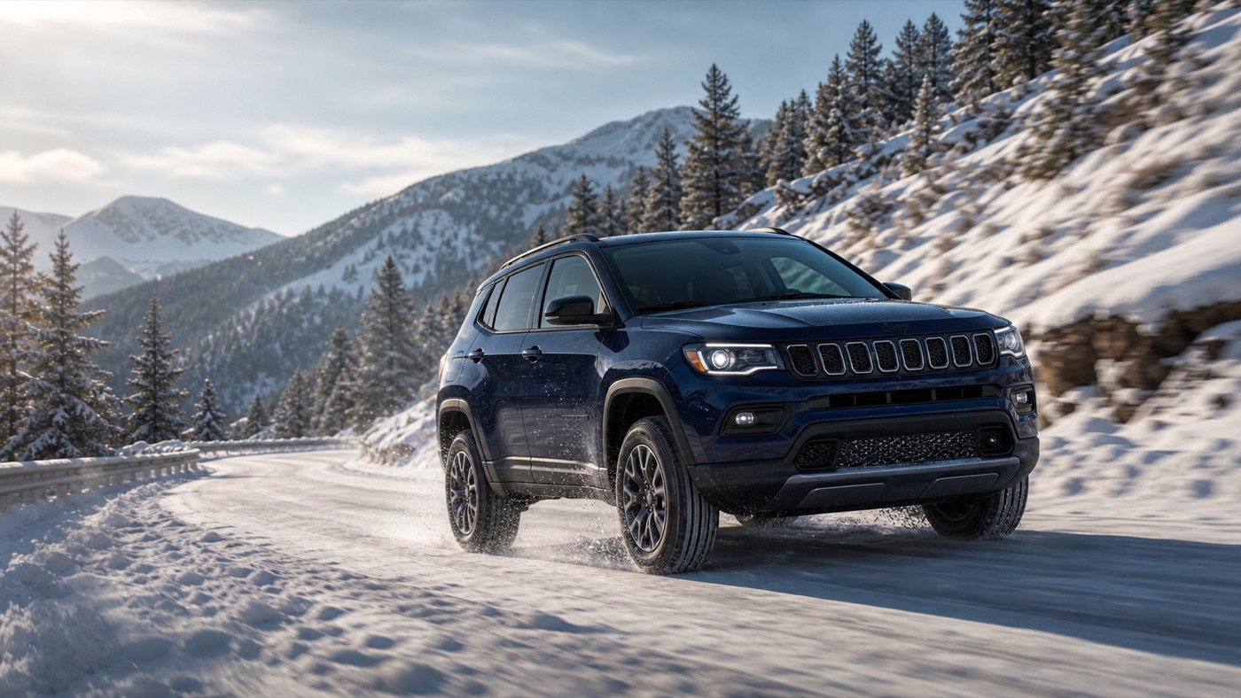 Jeep Compass jadący po zimowej górskiej drodze