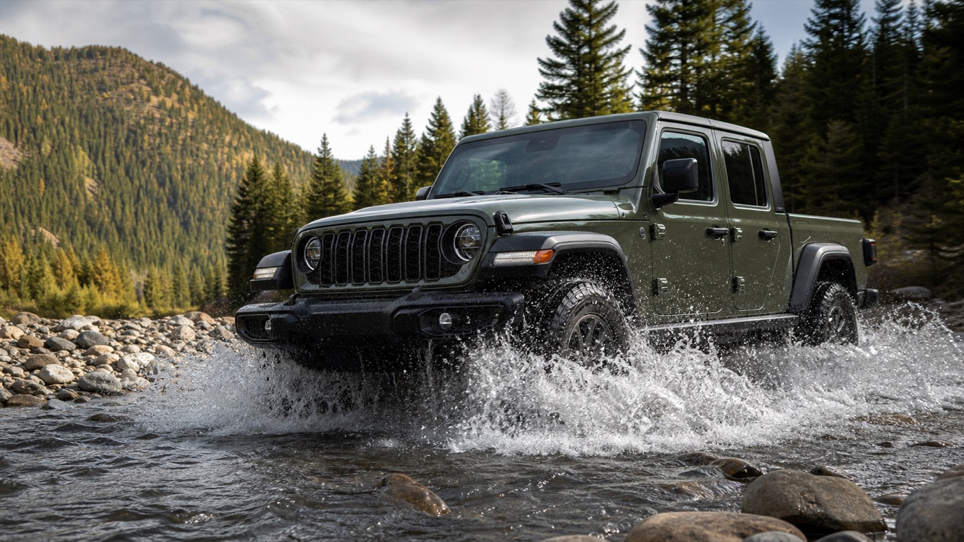 Jeep Gladiator przejeżdżający przez płytką wodę w terenie