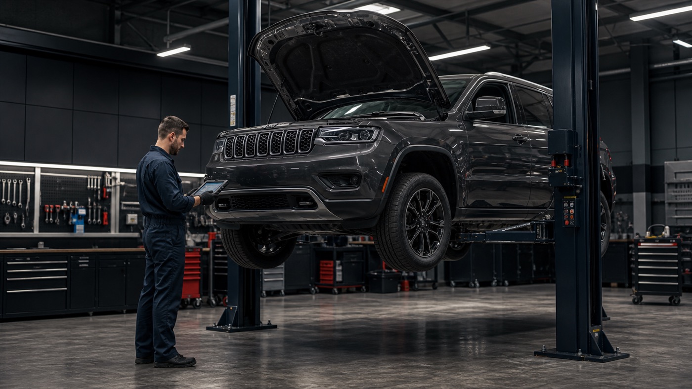Jeep Grand Cherokee na podnośniku podczas diagnostyki w warsztacie