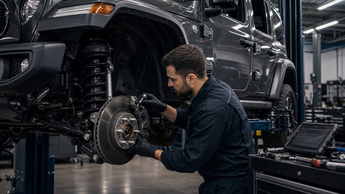 Mechanik sprawdzający hamulce i zawieszenie samochodu Jeep w warsztacie