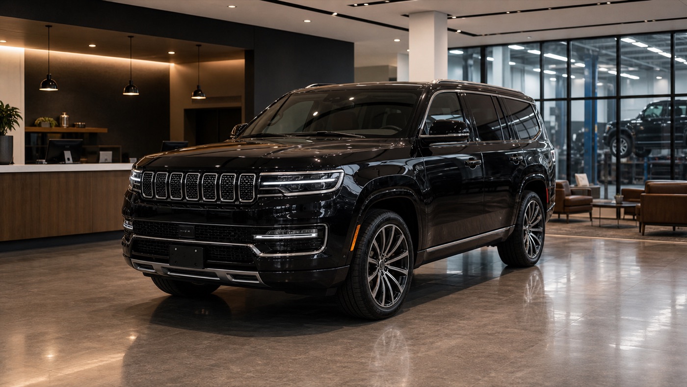 Duży flagowy SUV Jeep w eleganckim salonie samochodowym