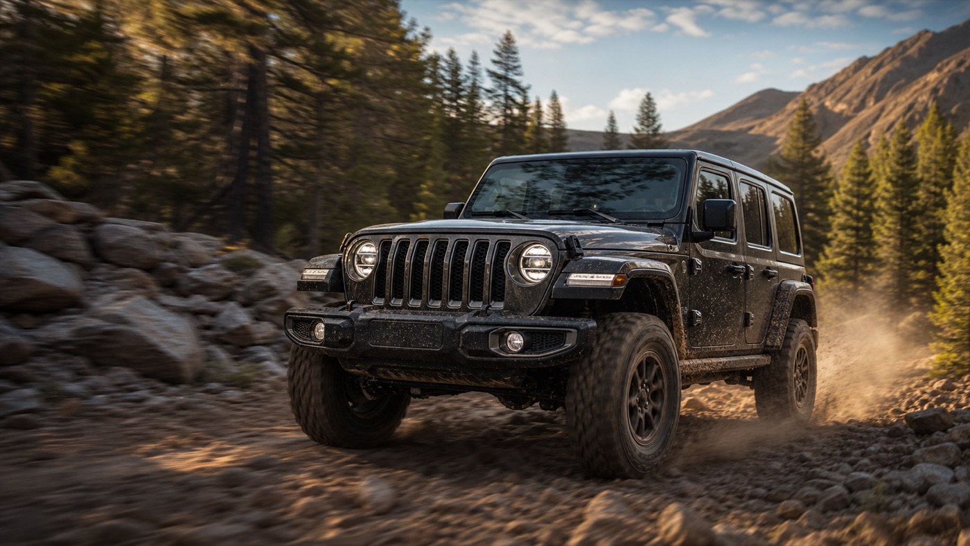 Jeep Wrangler podczas jazdy terenowej na leśnym szlaku