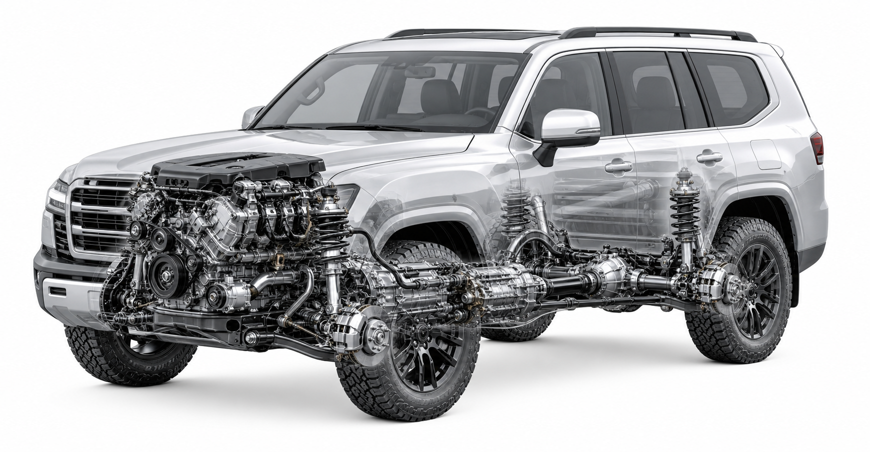 SUV Jeep z widocznymi elementami mechanicznymi